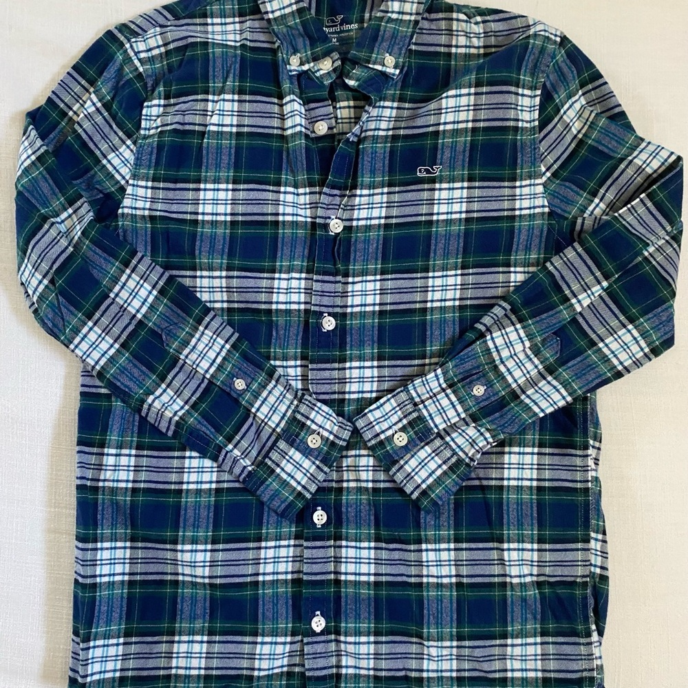 Vineyard Vines Boy’s Green and Blue Plaid Flannel Shirt